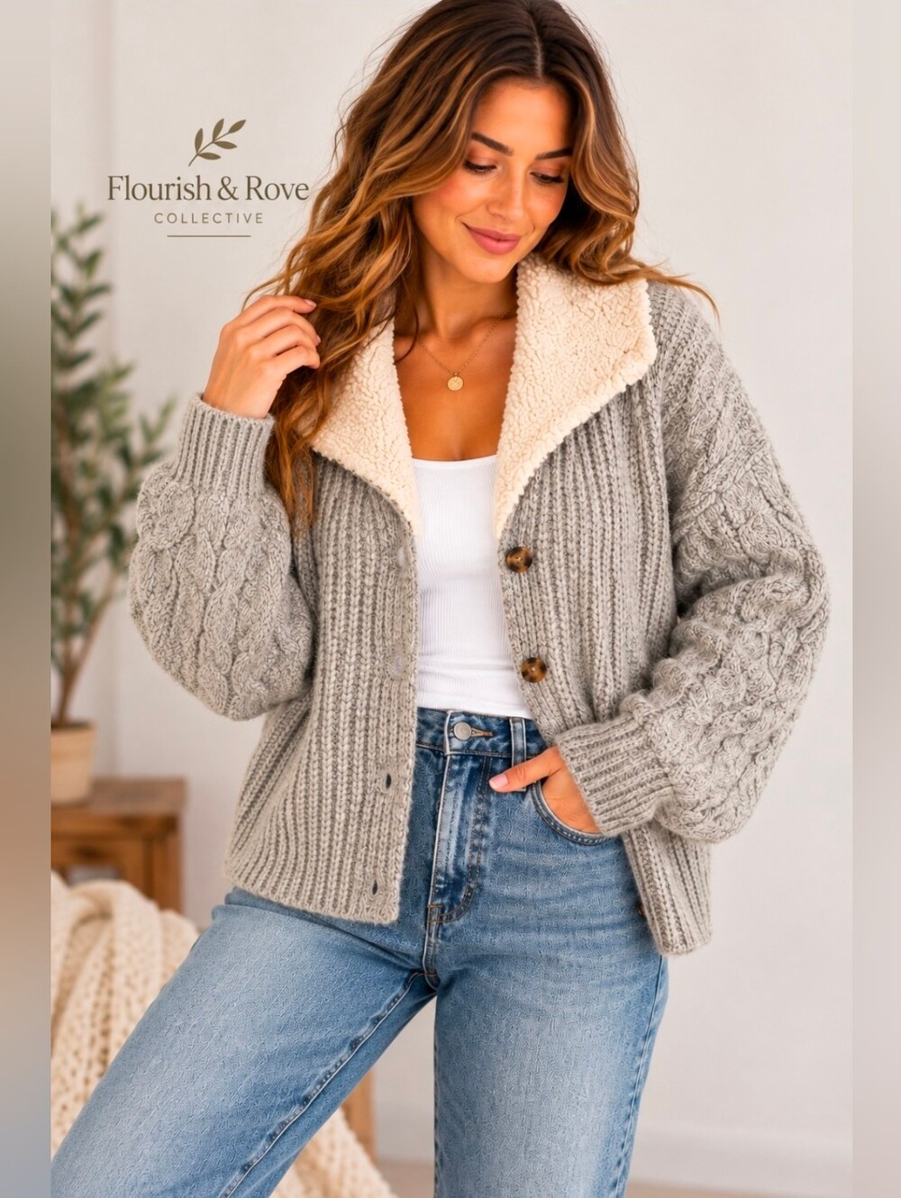 Lucky Brand XL Gray Cable Knit Cardigan Sherpa Collar Chunky Cozy Sweater